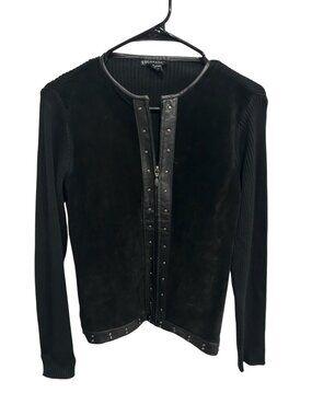 Escapade Black Suede Leather Studded Jacket Ribbed Knit Sleeves Size S Chic Moto